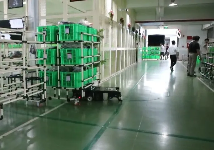 磁気誘導ラインを使用した台車牽引AGVソリューション