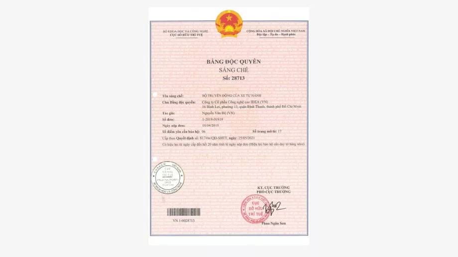 Bằng độc quyền sáng chế cho " Bộ truyền động xe tự hành"