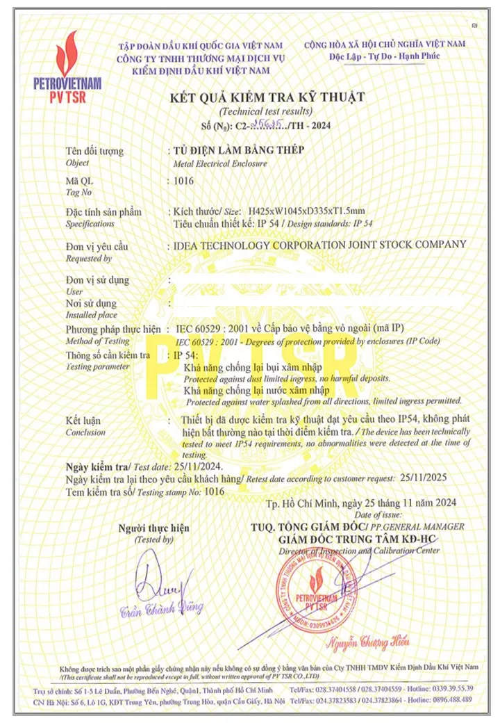IDEA International Certifications: Ultimate Guide to Global Quality Standards 3 PetroVietnam PSIが発行したIP54認証
