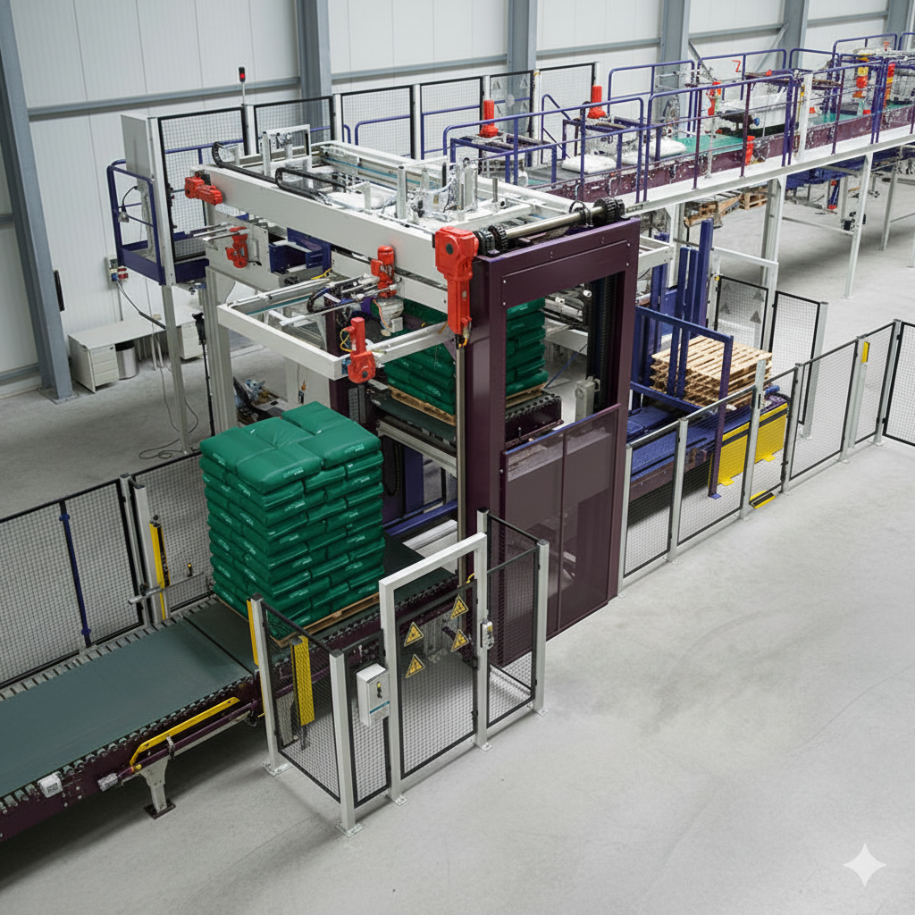 Layer palletizing is a high-speed and cost-effective palletizing solution designed to handle products in complete layers rather than individual items. This technology is especially suitable for high-volume, uniform products such as cartons, bags, shrink-wrapped packages, and trays.

IDEA’s layer palletizing systems are engineered to deliver stable, perfectly aligned pallets with consistent height and layer integrity. By palletizing full layers at once, the system achieves higher throughput, reduced mechanical complexity, and lower maintenance requirements compared to robotic solutions in certain applications. Layer palletizing is an ideal choice for manufacturers seeking maximum efficiency, reliability, and predictable performance in continuous production environments.